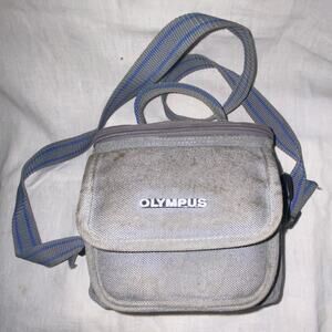 Vtg Olympus Camera Bag Grey Blue Stripe Strap Compact Padded Case Film 35mm